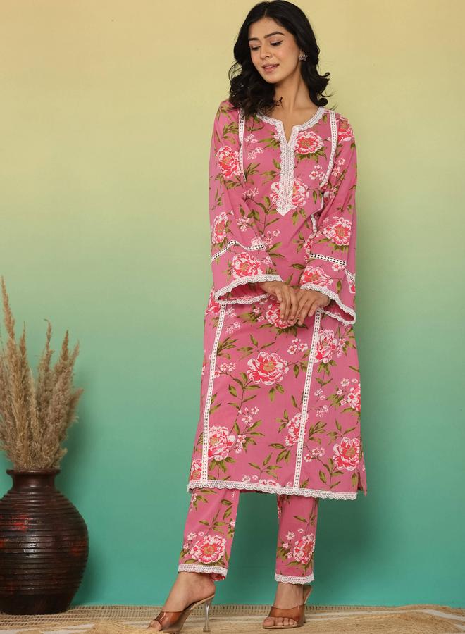 KASYA Pink Cotton Floral Printed Kurta with Pants Set - Image 2